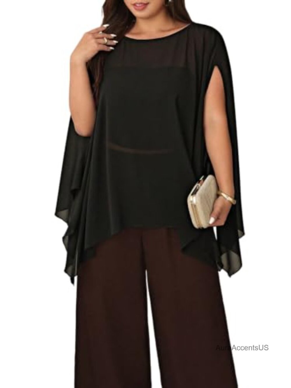 Plus Size Chiffon Poncho Top Sheer Crew Neck Oversized Dressy Blouse